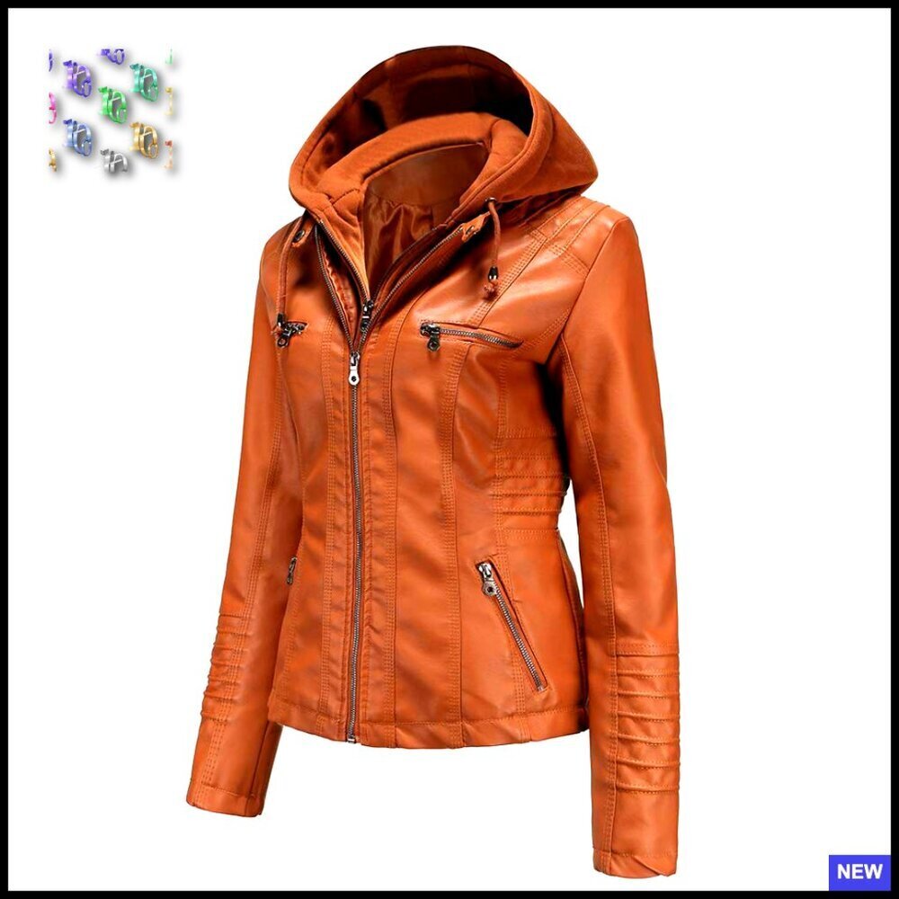 Faux Leather Motorcycle Jacket with Removable Hood Classic Biker Style Plus Size